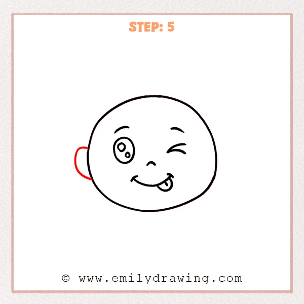 how to draw a winky face - A winky face drawing with a round head, playful mouth, and a small left ear added to the side of the face.